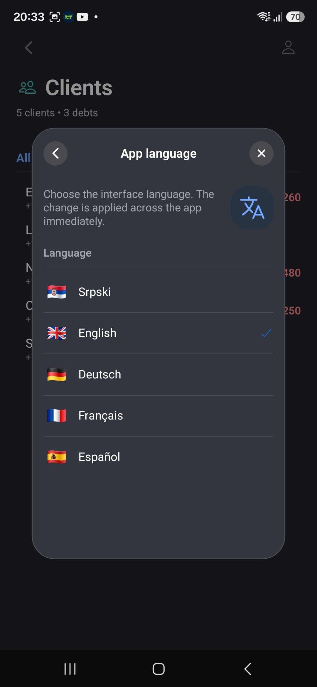 Izbor jezika aplikacije.